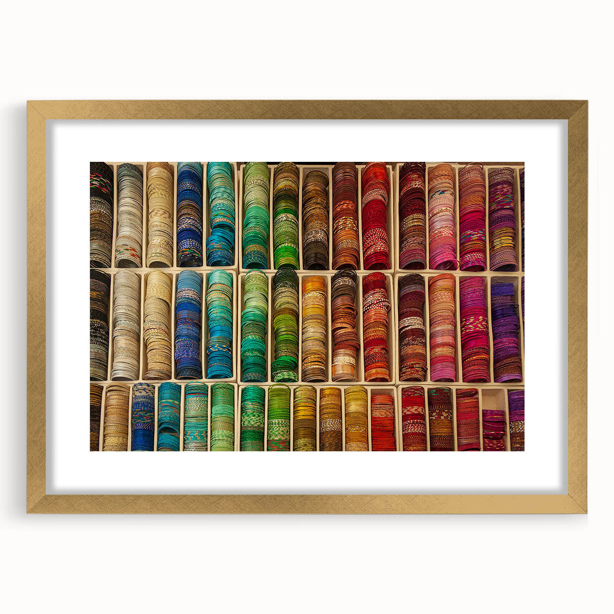 Abstract art print of a South France scenery in muted earth tones, framed in gold, suitable for dining room decor.