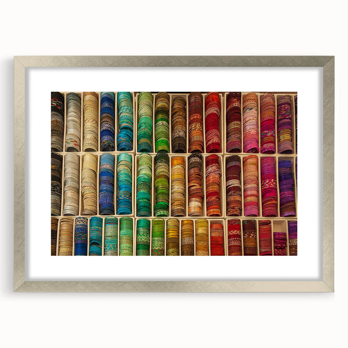 Extra large abstract art print of a textured European scenery in muted earth tones, framed in silver.