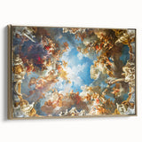Vintage poster art of the Versailles landscape on framed canvas, featuring muted gold and black tones.
