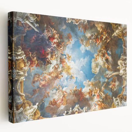 Stretched canvas print of the Versailles Palace gardens in soft green and blue tones, suitable for kitchen wall art.