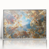 Art Deco poster of Versailles scenery in muted colors on white framed acrylic, suitable for modern nursery decor.