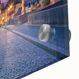 Mid-century modernist abstract of Bavarian scenery in vibrant earth tones on acrylic glass, ideal for dining room art.