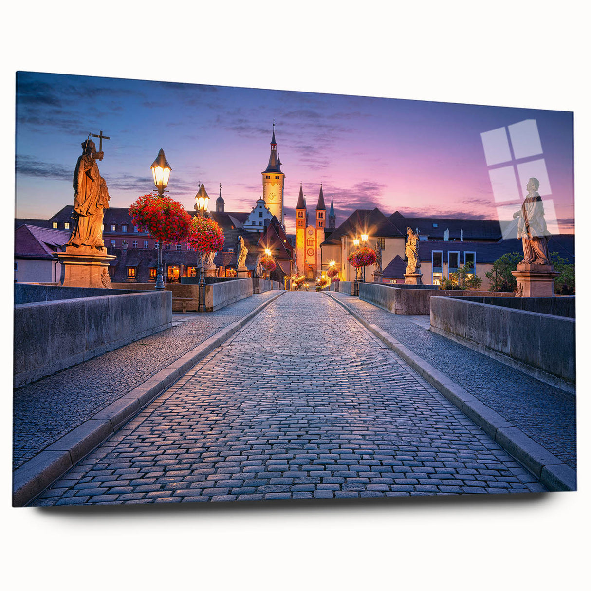 Acrylic print of a Bavarian landscape in muted green and blue tones, ideal for bedroom or dining room art.