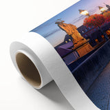 Art deco poster of Bavarian landscape in muted tones on rolled canvas, ideal for nursery wall art.