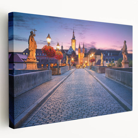 Side view of a stretched canvas depicting a Bavarian landscape in muted green and blue tones, suitable for kitchen wall art.