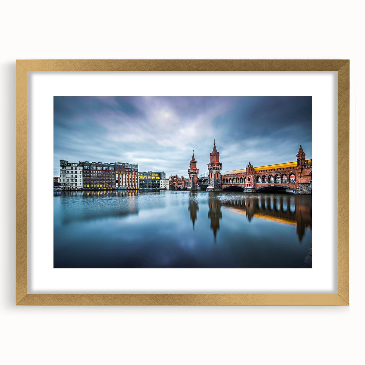Abstract art print of Berlin scenery in muted gold and gray tones on a framed canvas, ideal for dining room decor.