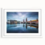 Textured abstract art print of Berlin scenery in muted earth tones, framed with a white mat, ideal for bedroom decor.