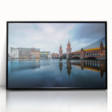 Large abstract wall art of Berlin cityscape in muted gray and blue tones on framed acrylic.