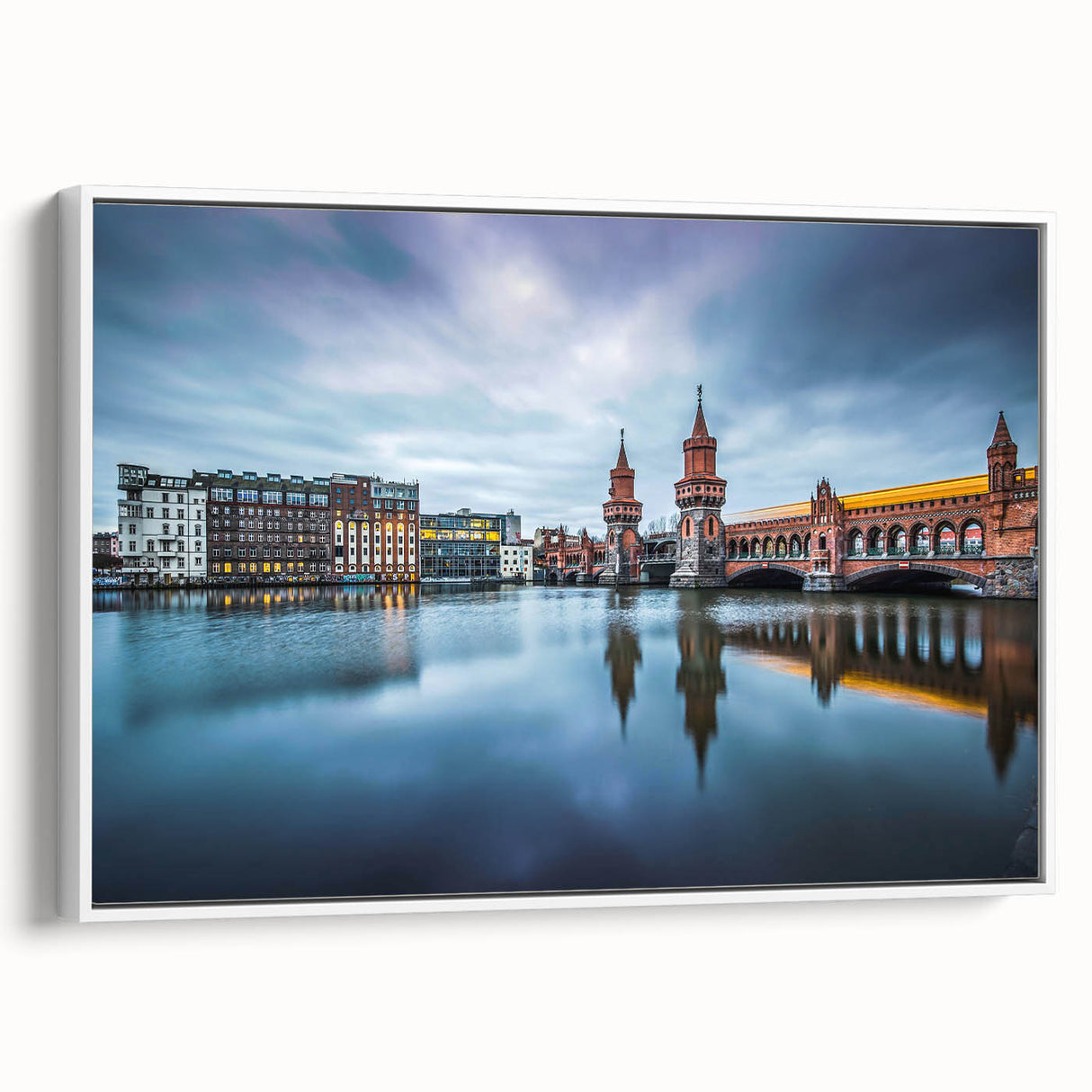 Vintage poster art of Berlin scenery on a framed canvas, featuring colorful art with black accents.