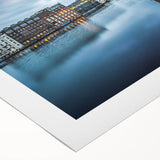 Art deco poster of Berlin skyline in muted gray and blue tones on rolled canvas, suitable for dining room wall art.