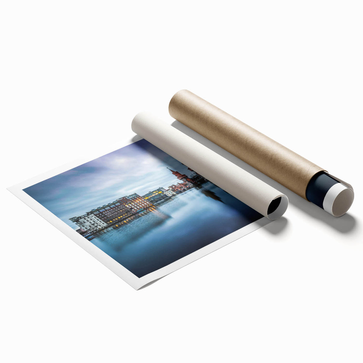Extra large rolled print depicting a Berlin cityscape with muted gray and floral accents, ideal for classy bathroom wall art.