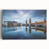 Black and white photograph of Berlin skyline on stretched canvas, ideal for kitchen wall art or bedroom ambiance.