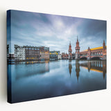 Large canvas print of Berlin cityscape in muted gray and blue tones, suitable for kitchen wall art.