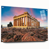 Acrylic glass print of Athens scenery with subtle earth tones, suited for dining room decor.