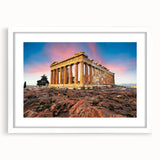 Textured art print of Athens skyline in muted earth tones on a framed white mat, ideal for bedroom art.