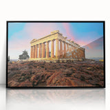 Large abstract wall art depicting the Athens skyline in muted gray and blue tones, framed in black acrylic.