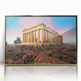 Art deco poster of Athens scenery in gold frame, featuring muted earth tones, ideal for modern art wall decor.