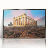 Acrylic print of Athens scenery in muted earth tones, framed in silver, suitable for modern art wall decor.