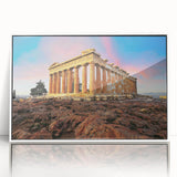 Mid-century modernist art of Athens skyline in muted gray and blue tones on framed acrylic, ideal for modern art wall decor.