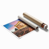 Extra large rolled print of Athens scenery with floral motifs in pastel shades.