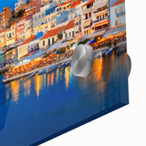 Large abstract wall art depicting a Crete, Greece scene in muted earth tones on acrylic glass, ideal for dining room decor.