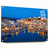 Acrylic glass print of a Crete, Greece landscape in muted earth tones, ideal for dining room decor.