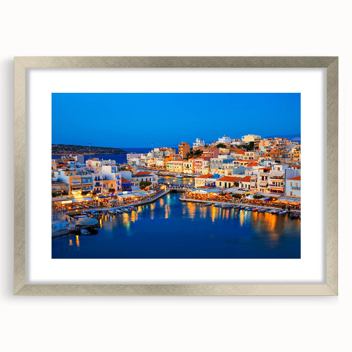 Extra large abstract art print of a European scenery in Crete with textured layers, displayed in a silver frame with mat.