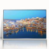 Mid-century modernist art depicting a serene Crete landscape in soft pastel colors, framed acrylic print.