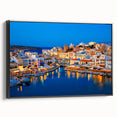 Black and white landscape art of Crete, Greece on framed canvas, ideal for bedroom wall decor.
