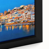 Extra large framed canvas featuring a textured depiction of Crete, Greece, with colorful art on a black background.