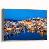 Framed canvas of a vintage-style landscape painting depicting Crete, Greece, in muted gold and black tones.