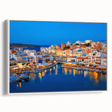 Vintage poster art of Crete, Greece, in colorful tones on extra large framed canvas, suitable for living room decor.