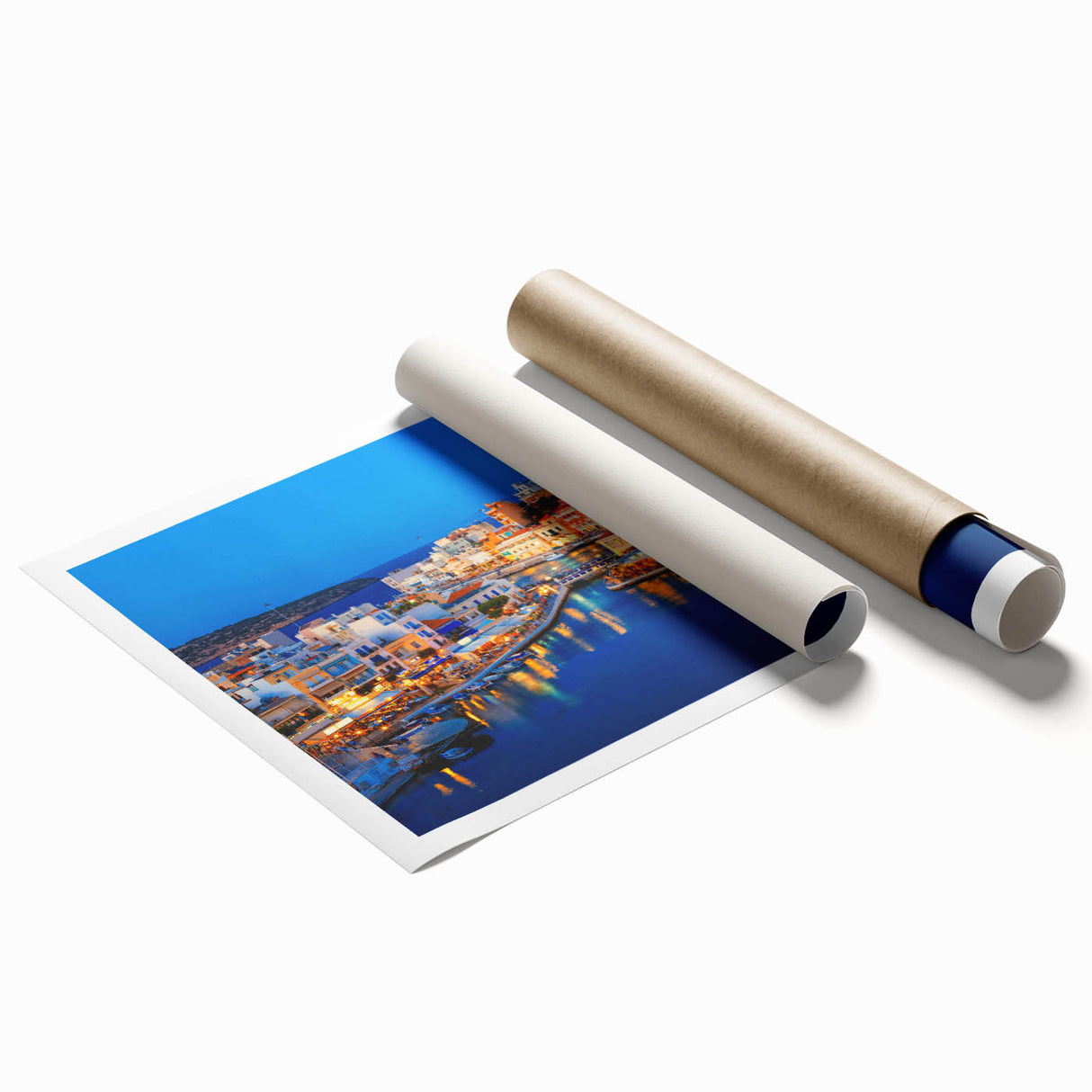 Extra large rolled print of Crete landscape with floral foreground in soft pastel shades.