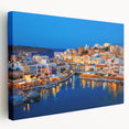 Large art print of Crete, Greece landscape on stretched canvas, featuring blue and white tones, ideal for kitchen wall decor.