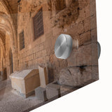 Mid-century modernist large abstract print of Rhodes, Greece in muted blue and white tones on acrylic glass.