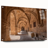 Acrylic print of a Rhodes, Greece scenery in muted blue and white tones, suitable for dining room decor.