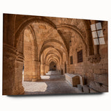 Acrylic print of a European scenery featuring Rhodes, Greece, in muted earth tones, ideal for bedroom or dining room art.