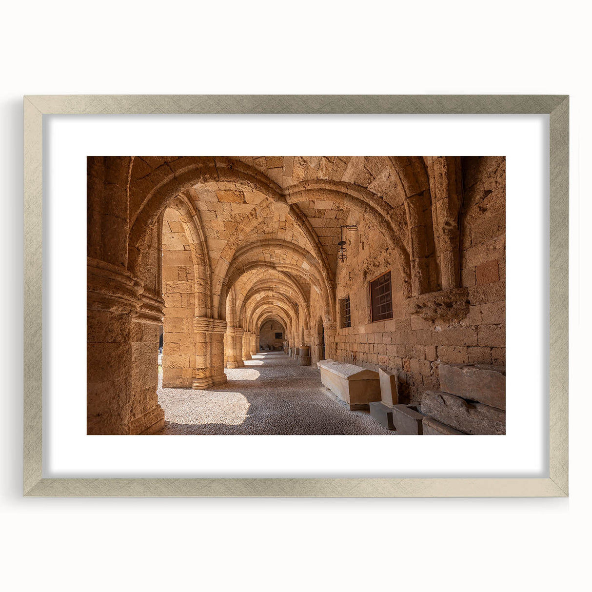 Extra large wall art featuring an abstract print of Rhodes, Greece in textured gray and blue tones.
