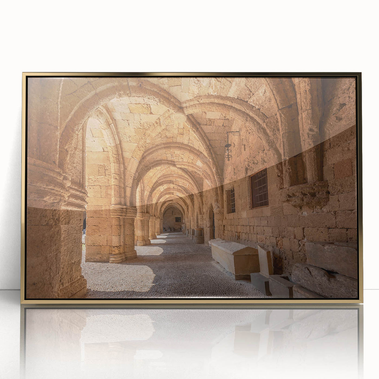 Art deco poster of Rhodes, Greece in muted gold and blue tones on framed acrylic, suitable for modern art wall decor.