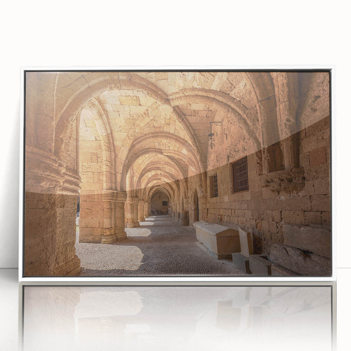 Mid-century modernist art of Rhodes, Greece in muted blue and white tones on framed acrylic.