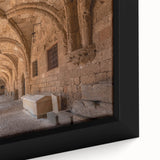 Black wall art depicting a textured, colorful European scenery of Rhodes, Greece on a framed canvas.