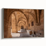 Framed canvas landscape art painting depicting a vintage European scenery in Rhodes, Greece, with muted earth tones.