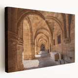 Large art print of Rhodes, Greece scenery on stretched canvas, featuring blue and white tones, ideal for kitchen wall art.