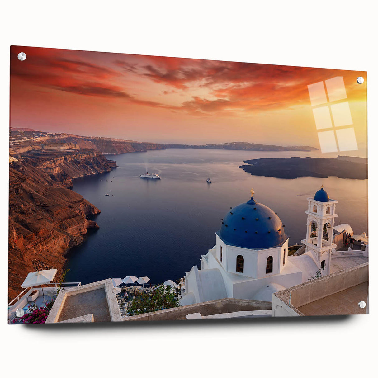 Acrylic print of Santorini landscape in vibrant blue and white tones, suitable for bedroom or dining room decor.