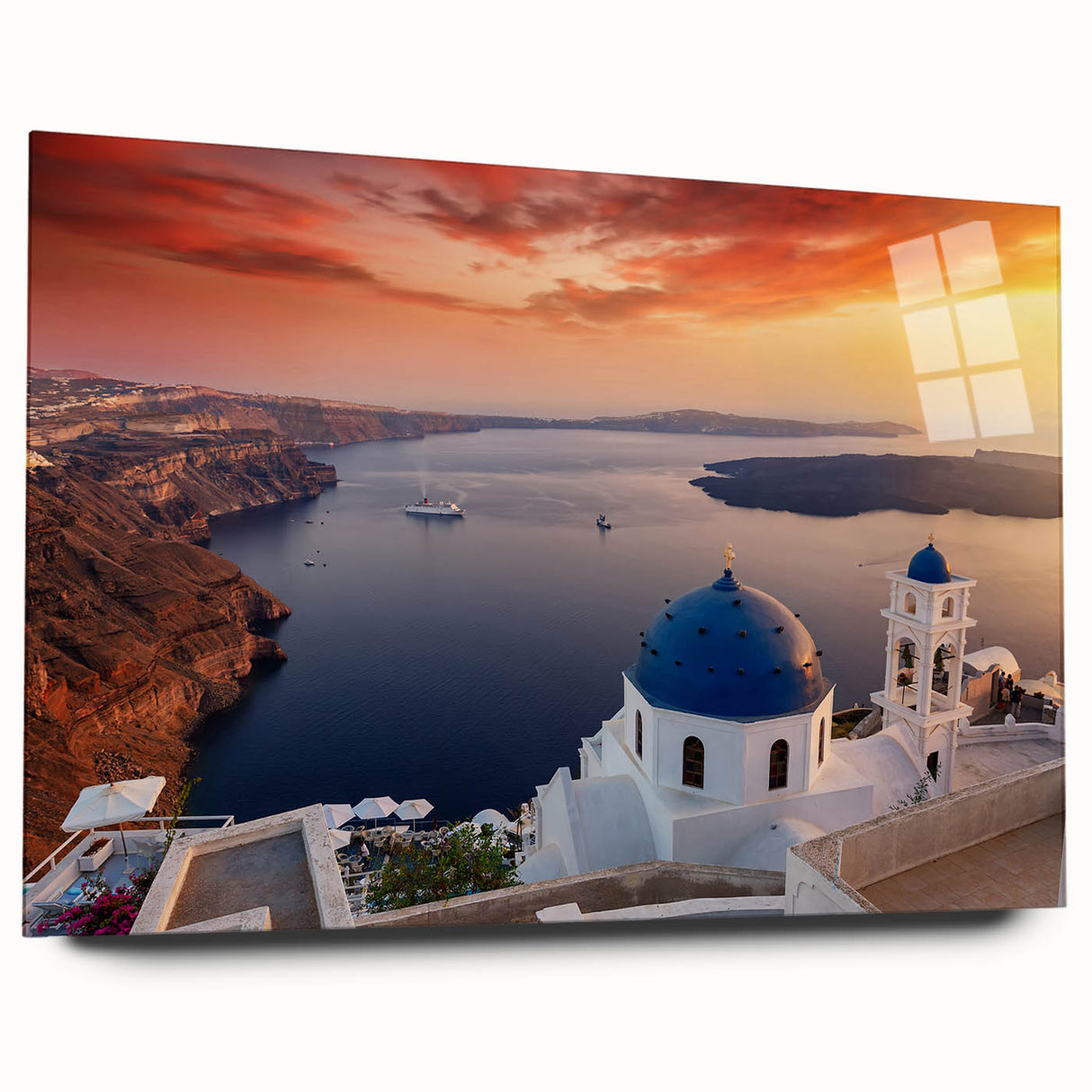 Acrylic print of Santorini scenery with vivid blue and white tones, suitable for bedroom or dining room decor.
