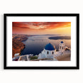 Extra large abstract art print of Santorini with vibrant blue and white tones, textured finish, framed in black.