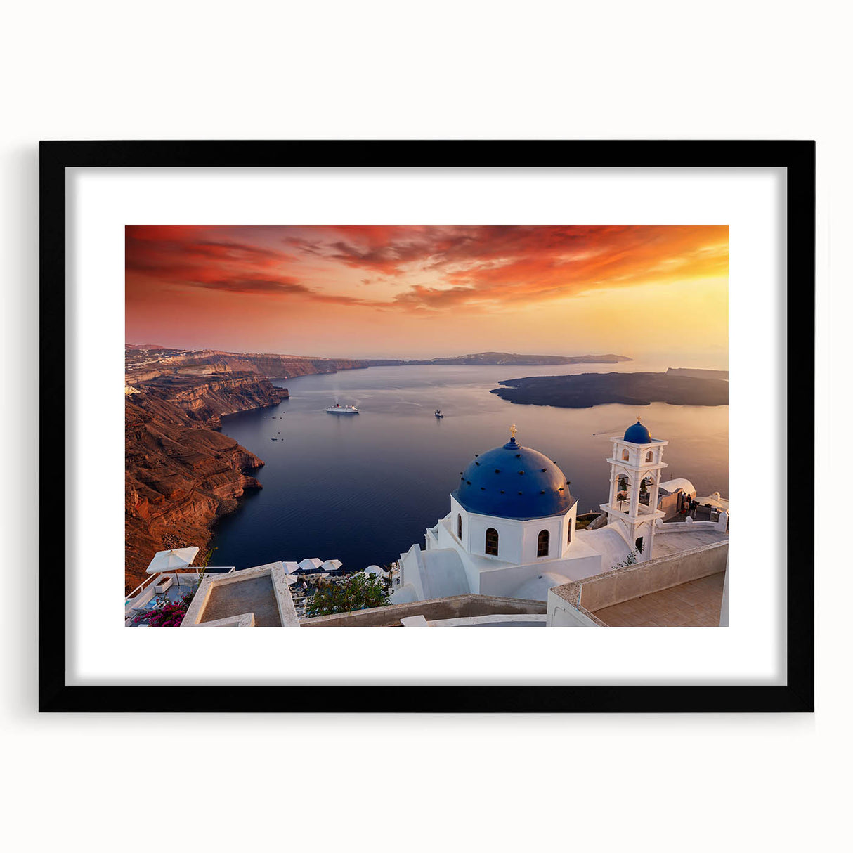 Extra large abstract art print of Santorini with vibrant blue and white tones, textured finish, framed in black.
