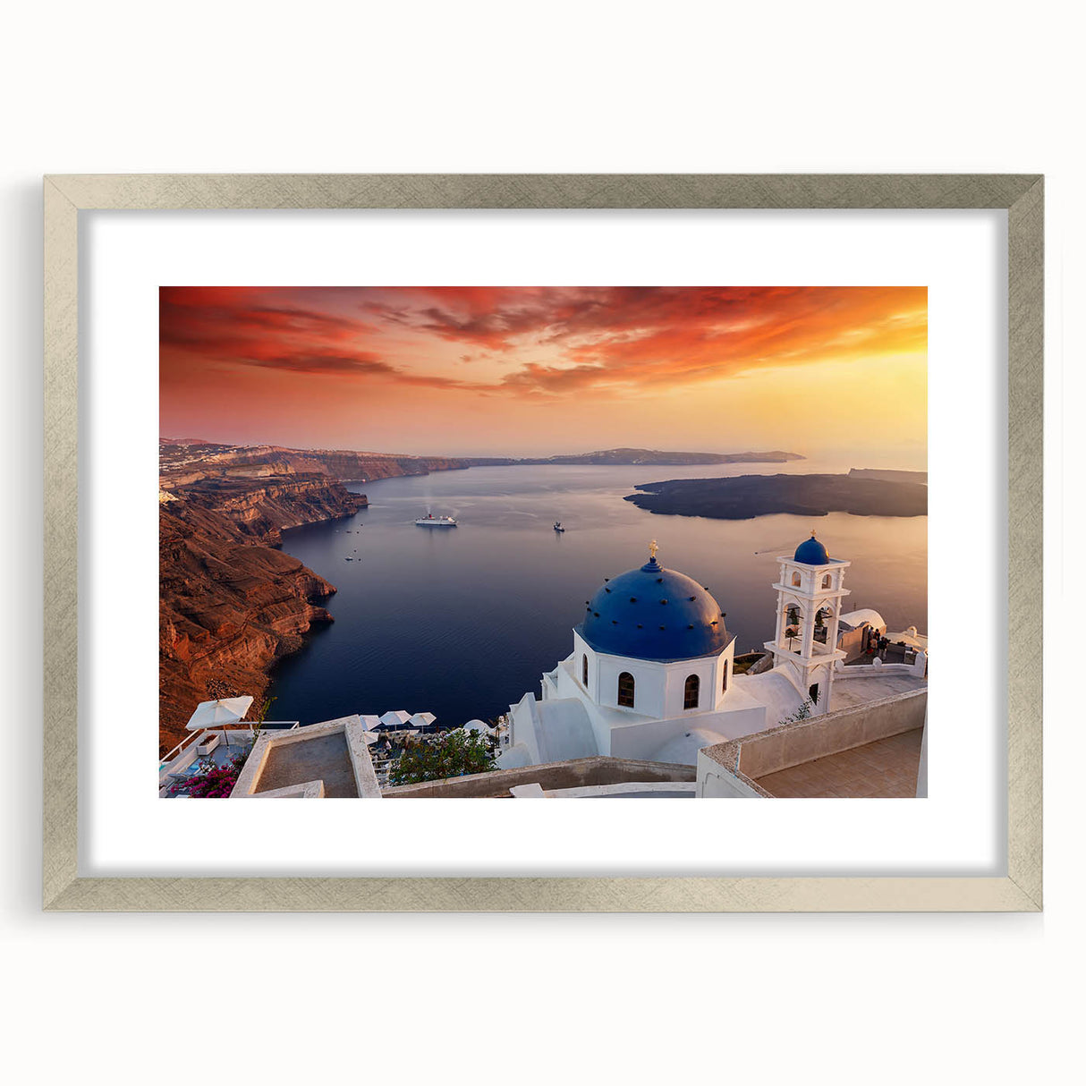 Extra large abstract print of Santorini with textured white and blue hues, framed in silver, ideal for living room decor.