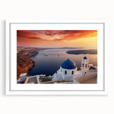 Textured art print depicting the Santorini coastline in muted blue and white tones on a framed poster.
