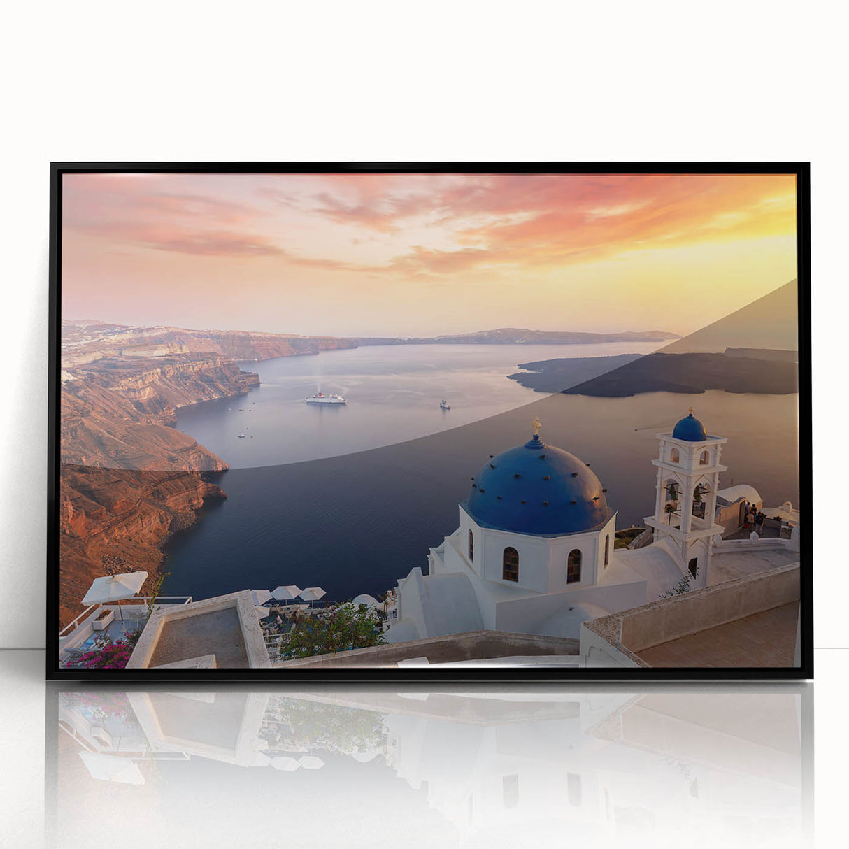 Large abstract wall art of Santorini with blue and white tones on a framed acrylic, ideal for modern living room decor.